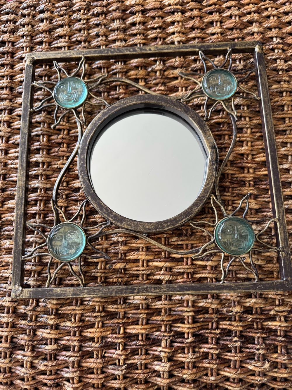 Vintage Celestial Sun Face Wall Mirror | Whimsygoth Boho Folk Art Metal/Glass